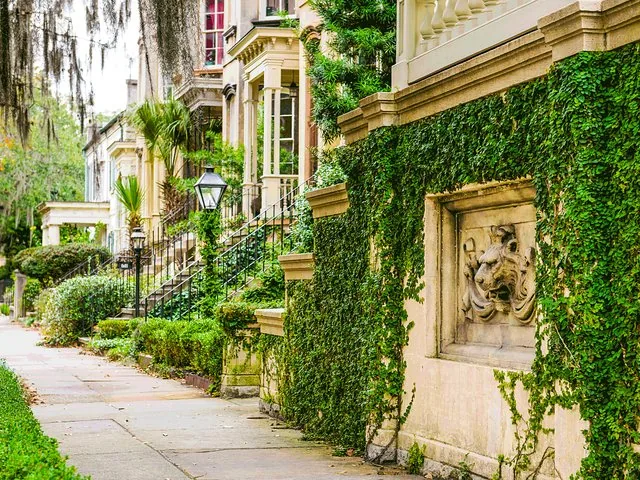 Historic residential street in Savannah with green ivy and stone lion relief.